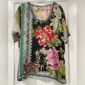 Johnny Was Loden Floral Flower Print Pattern Silk Chiffon Scallop Hem Blouse S